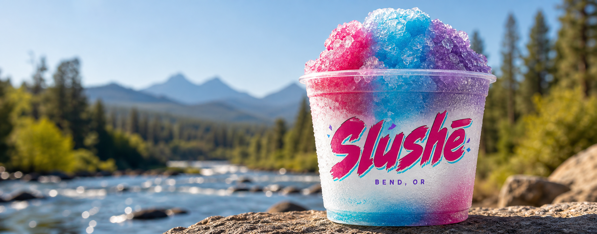 A colorful Slushē shaved-ice cup beside the river on a warm summer day in Bend, Oregon
